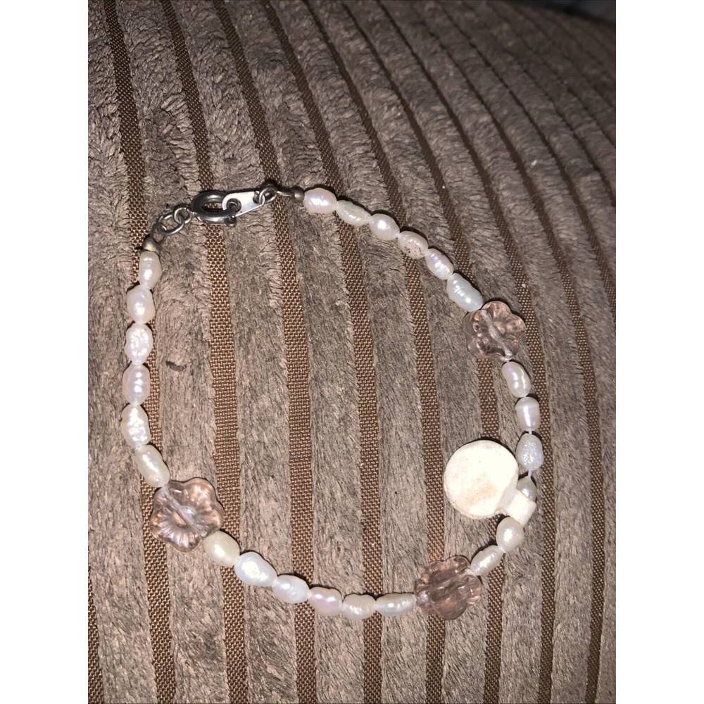 Vintage 925 Sterling Silver Rice Pearl Bracelet Pink Quartz Flower Beaded Retro